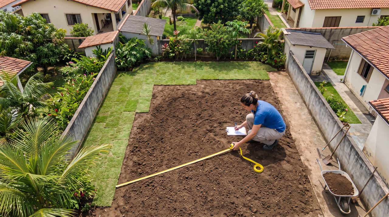 Pessoa medindo terreno de quintal com trena para instalar grama