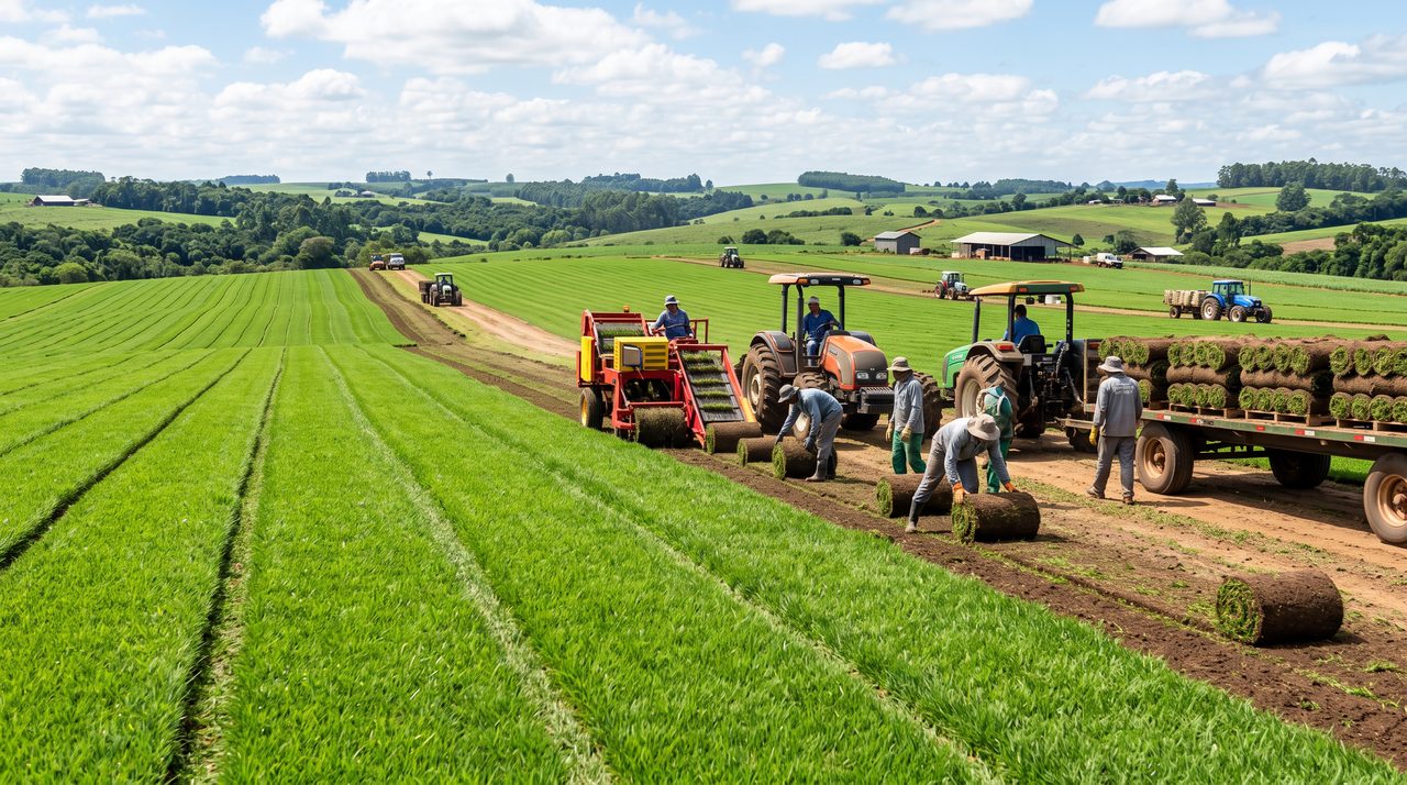 Fazenda de produção de grama com campo extenso sendo cultivado e colhido