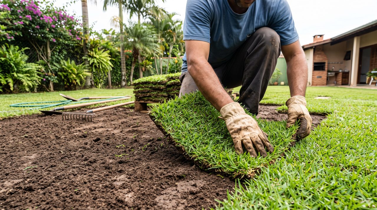 Mãos instalando placas de grama natural em jardim residencial